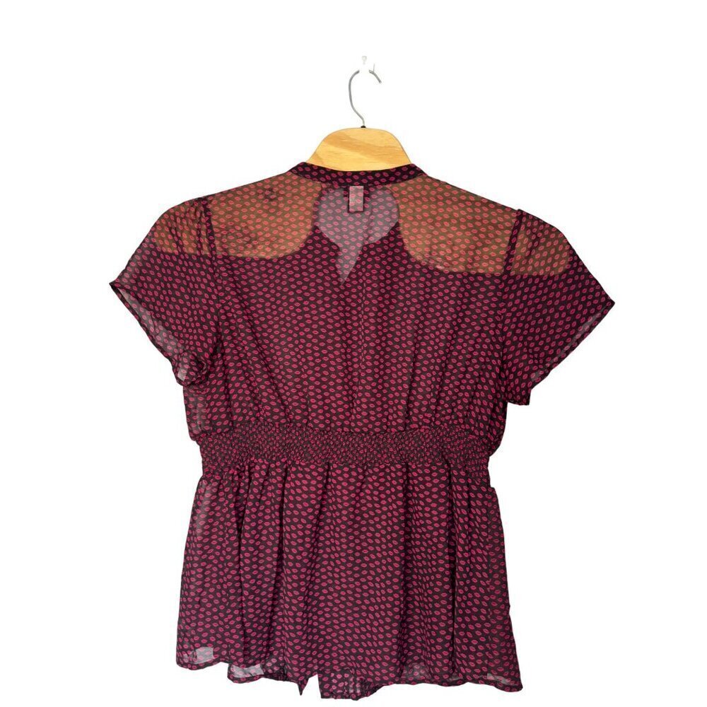Torrid Women's Sheer Ruffled Button Down Blouse Smocking SZ 3 (22-24) Black Red - Picture 3 of 10